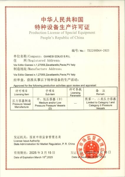 Certificazione TSG 21-2016 Cina